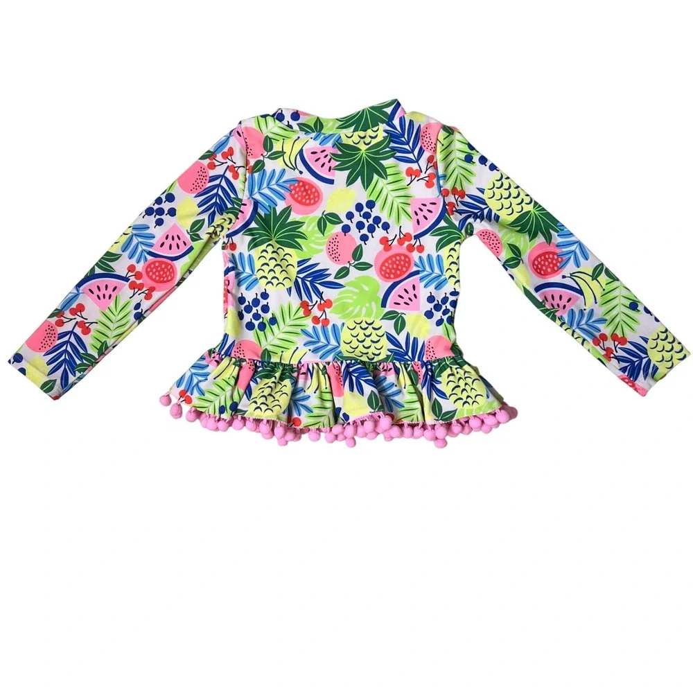 Nicole‎ Miller New York Girls Tropical Fruit Rash Guard Peplum Pom Pom Swim Top